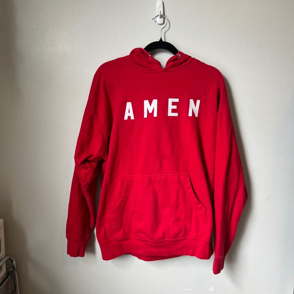 NHIM Red Hoodie Mens Size M Pullover Sweatshirt AMEN Text Christian Top